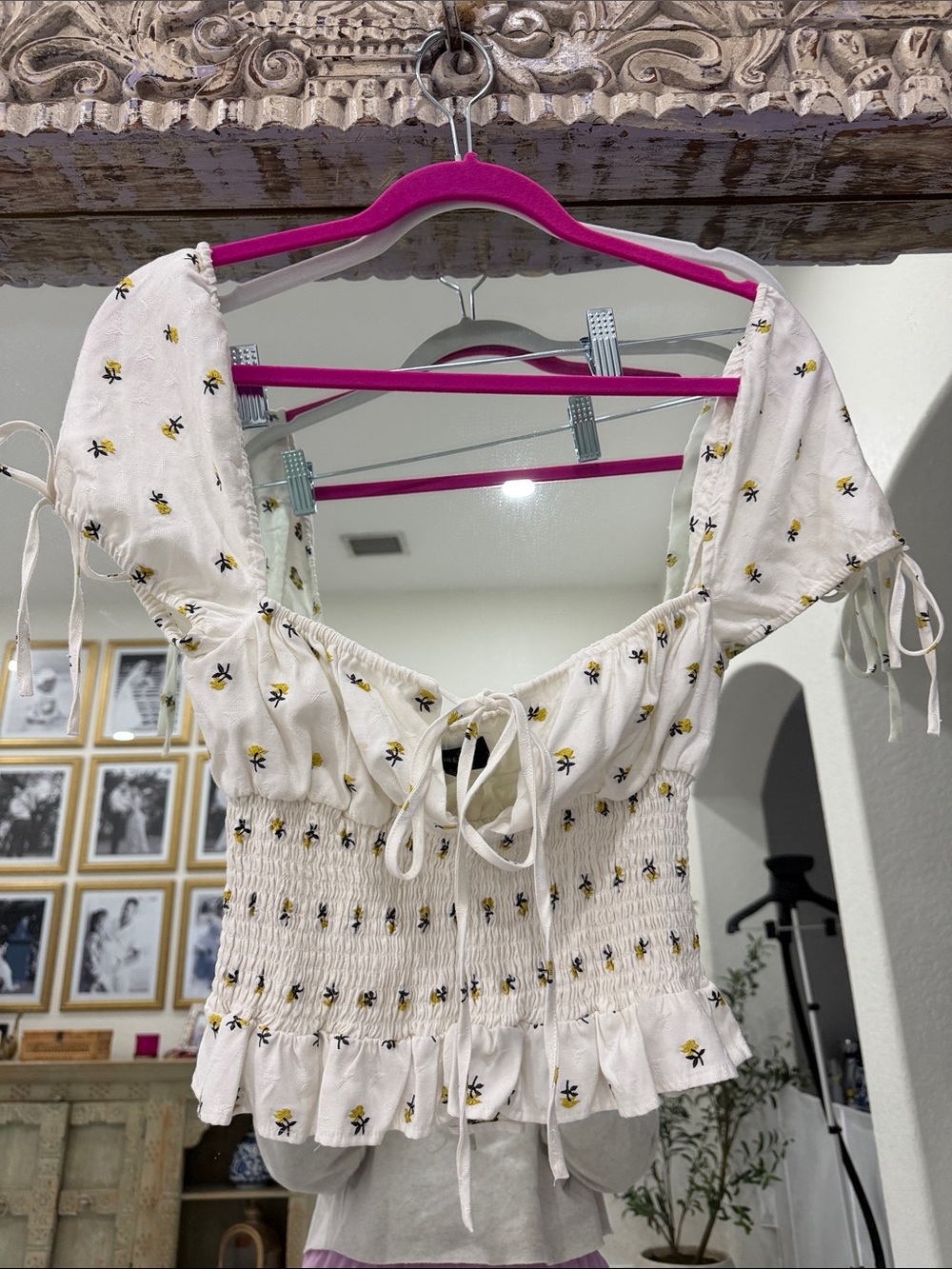 MAJORELLE Cream Floral Smocked Tie-Front Crop Top